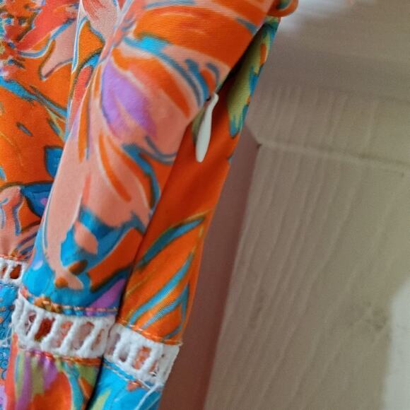 Zara Basic Orange Blue Floral Short Sleeve Tiered Mini Dress M - Picture 6 of 8